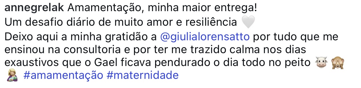 Depoimento público agradecendo à Giulia pela orientação e tranquilidade